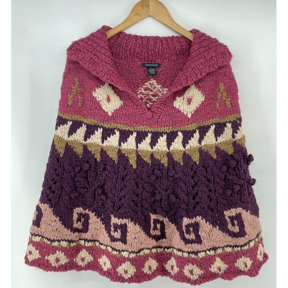 Boston Proper Sweater Poncho Women L Chunky Knit Boho Pink Purple‎ Nordic